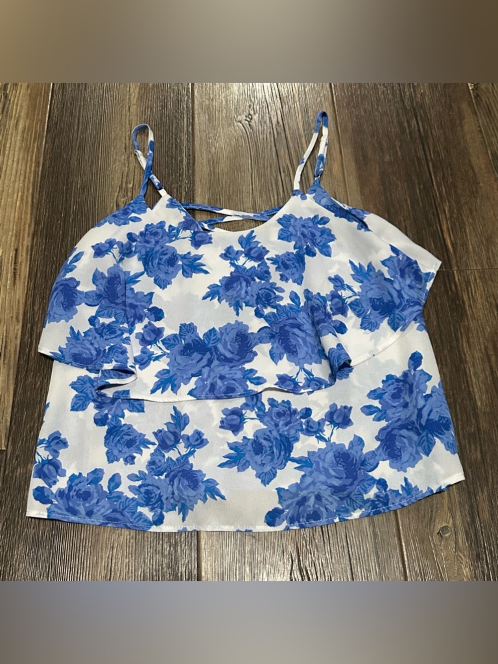 Paper Crane blue floral camo top women’s XS double layer ruffle shirt